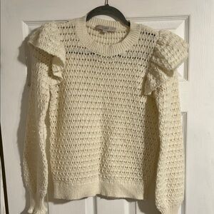 LOFT Cream Knit Sweater with Ruffle Sleeves
